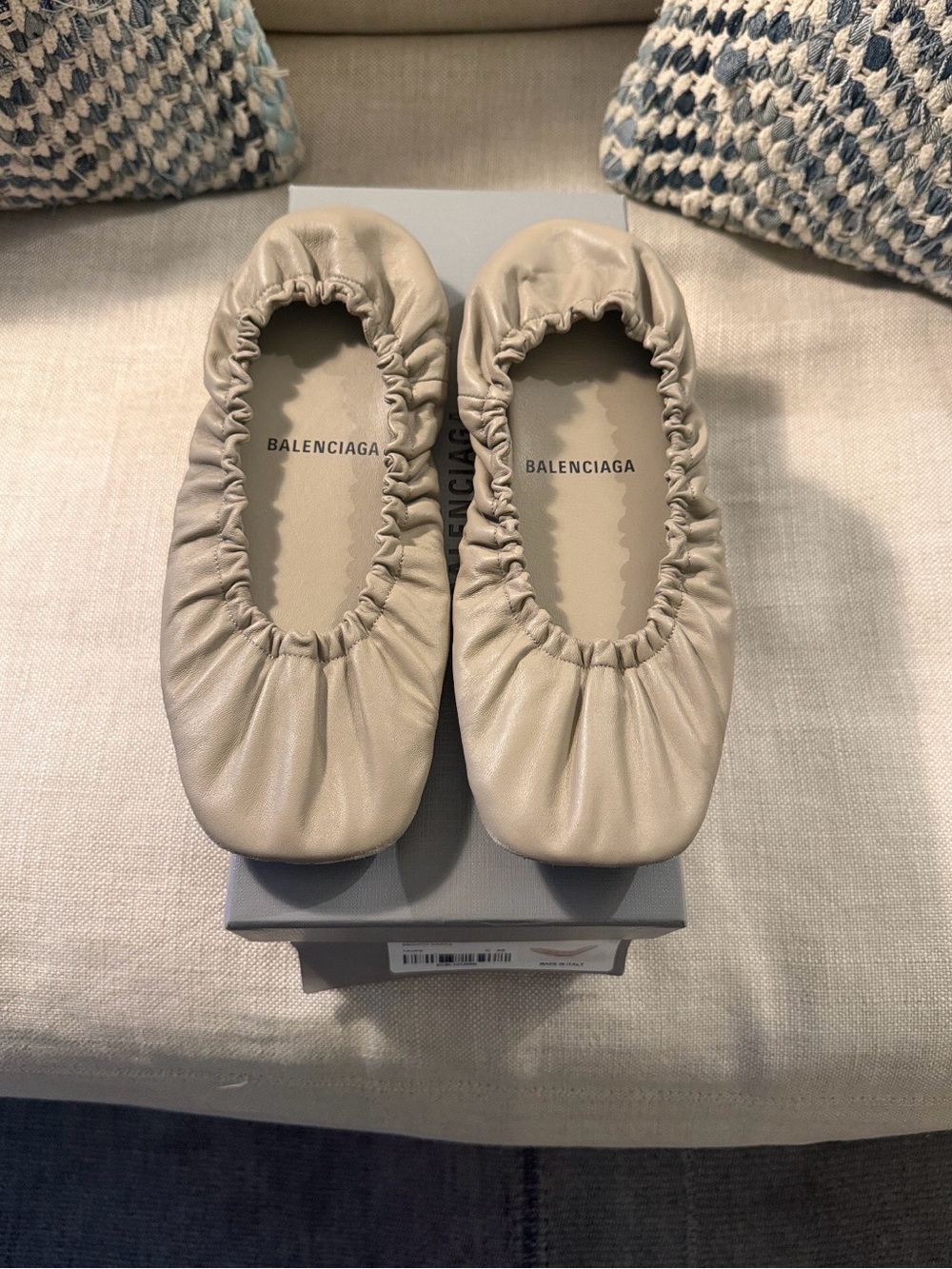 Balenciaga Tug Ruched Leather Ballet Flats in Beige Nude, Sold Out Style